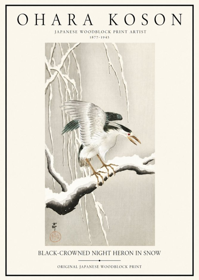 Ohara Koson Black-crowned Night Heron in Snow No1 - Plakát