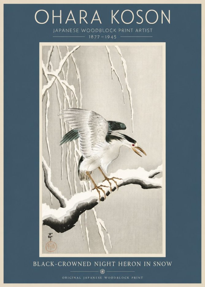 Ohara Koson Black-crowned Night Heron in Snow No2 - Plakát