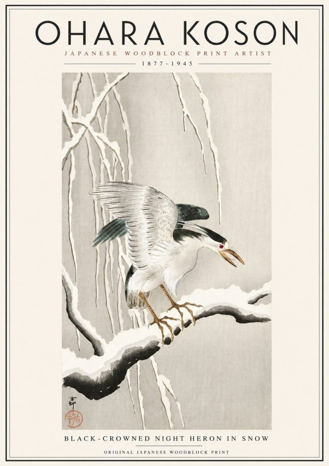 Ohara Koson Black-crowned Night Heron in Snow No3 - Plakát
