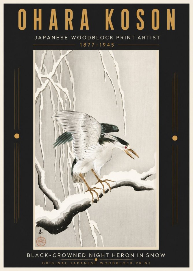 Ohara Koson Black-crowned Night Heron in Snow No5 - Plakát