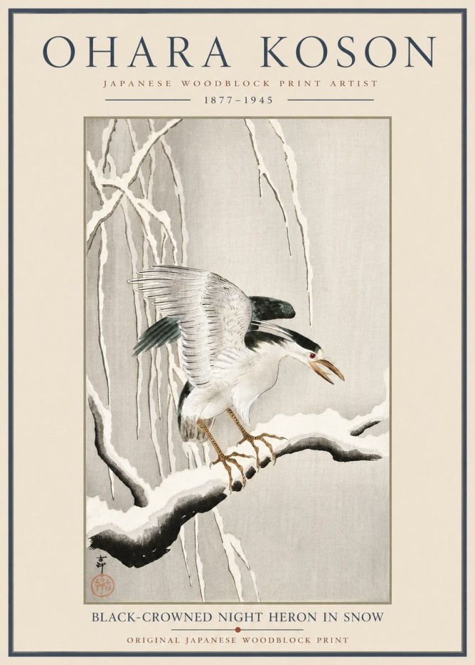 Ohara Koson Black-crowned Night Heron in Snow No6 - Plakát
