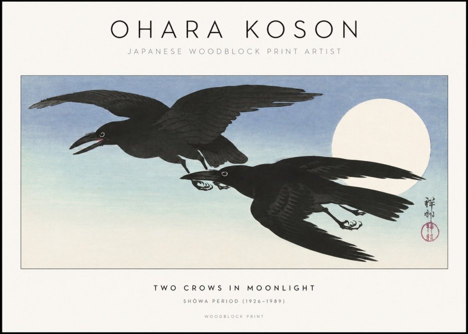 Ohara Koson Two Crows in Flight, Moonlight No2 - Plakát