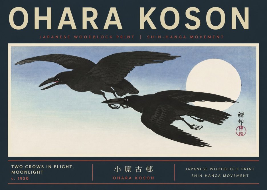 Ohara Koson Two Crows in Flight, Moonlight No6 - Plakát