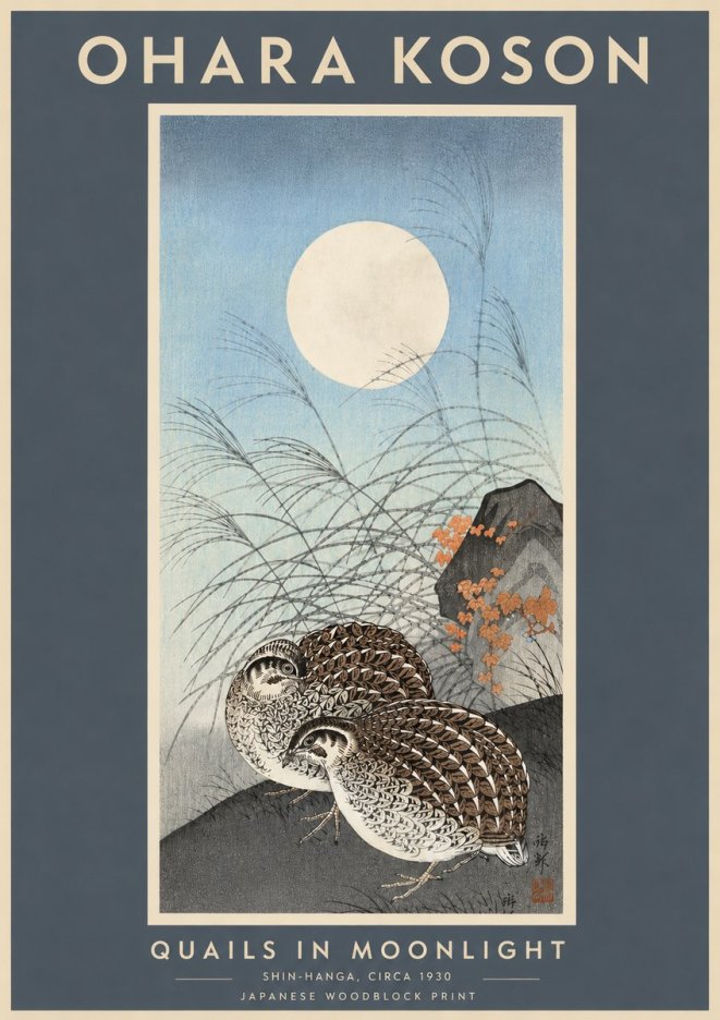 Ohara Koson Quails in Moonlight No6 - Plakát