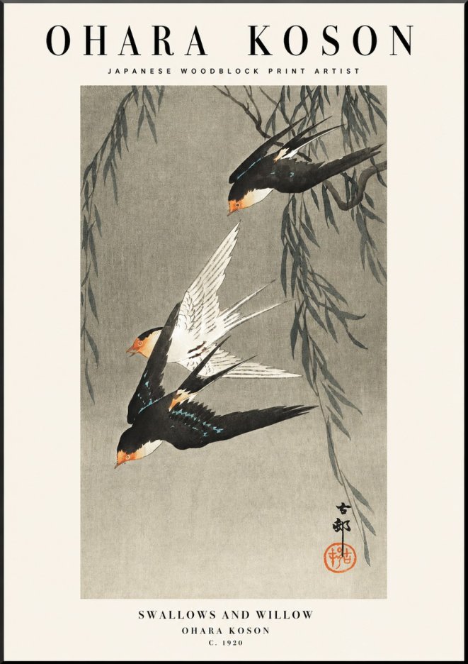 Ohara Koson Swallows and Willow II No1 - Plakát