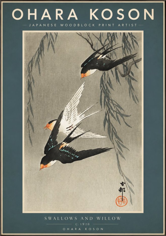 Ohara Koson Swallows and Willow II No2 - Plakát