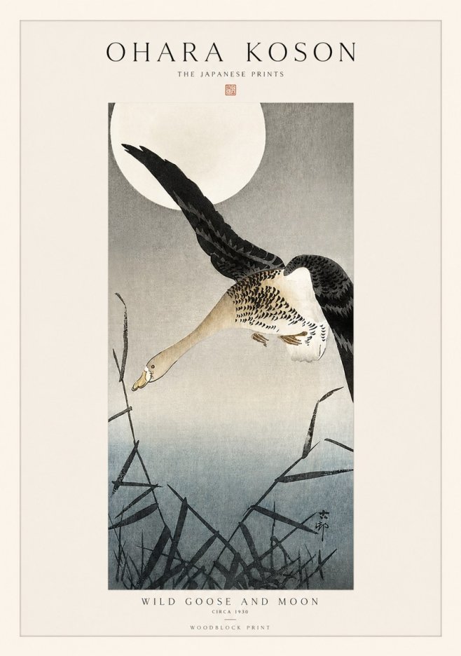 Ohara Koson Wild Goose and Moon No1 - Plakát