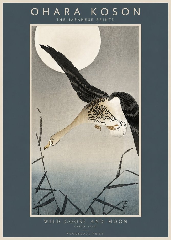 Ohara Koson Wild Goose and Moon No2 - Plakát