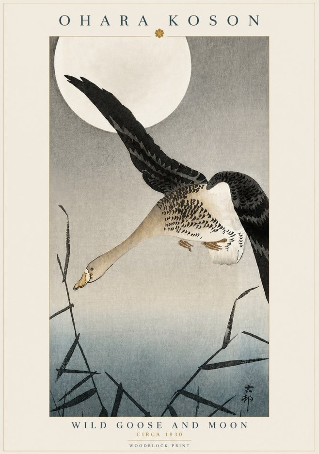 Ohara Koson Wild Goose and Moon No3 - Plakát