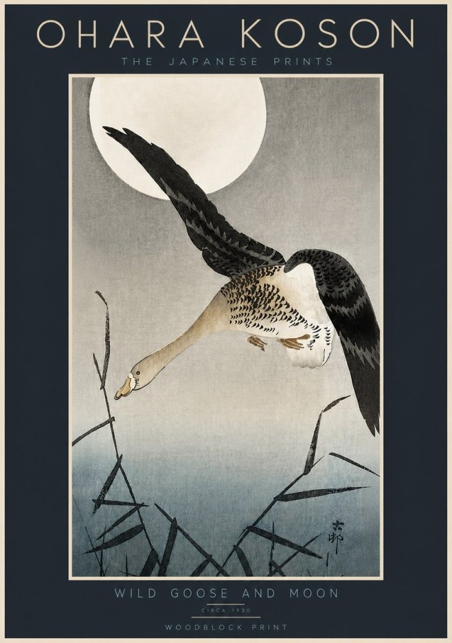 Ohara Koson Wild Goose and Moon No5 - Plakát