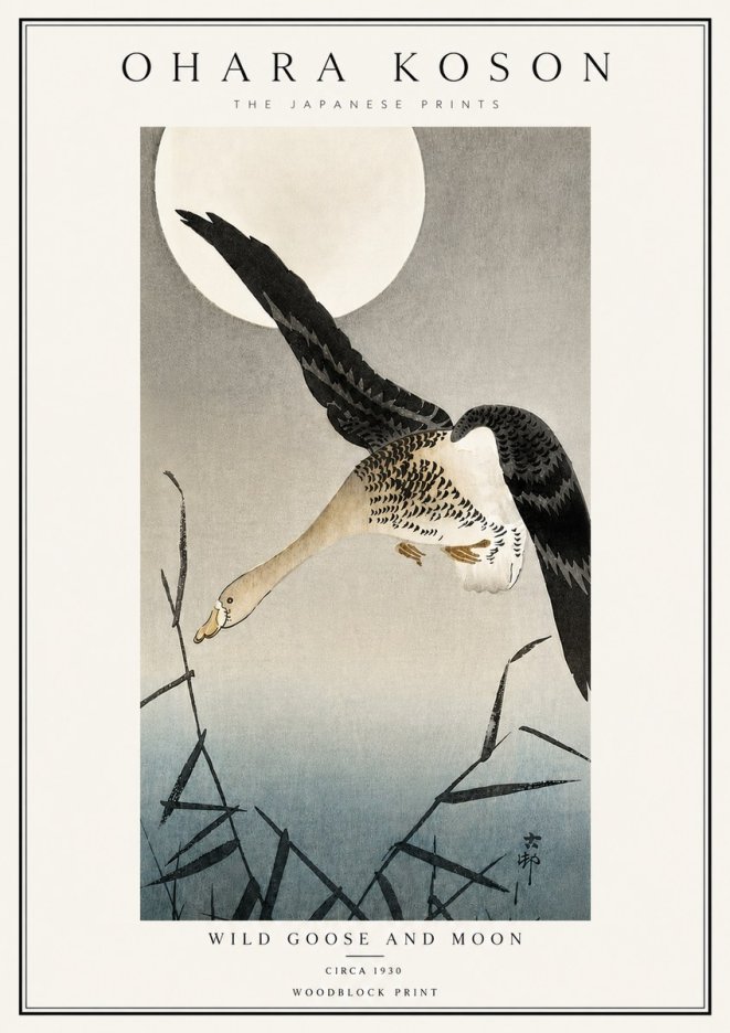 Ohara Koson Wild Goose and Moon No6 - Plakát