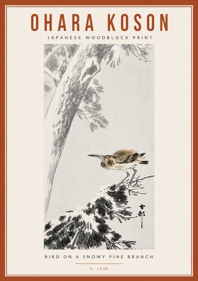Ohara Koson Bird on a Snowy Pine Branch No6 - Plakát