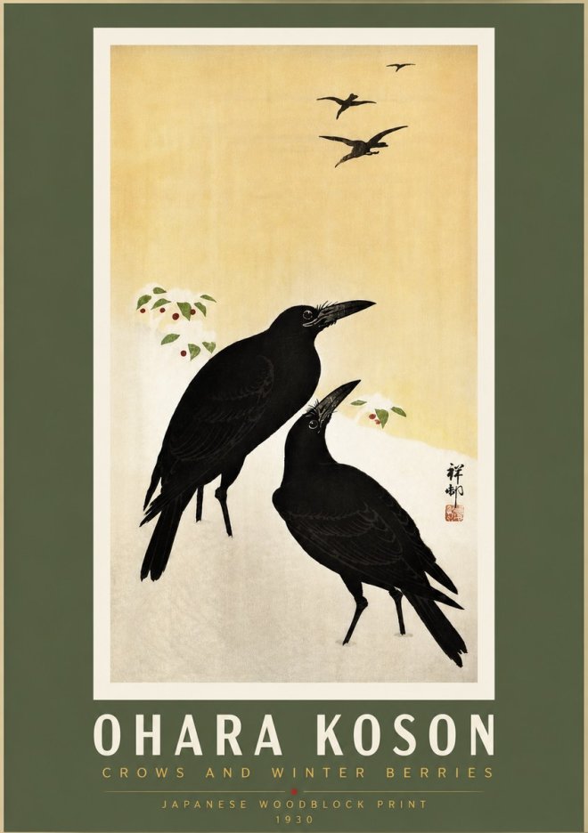 Ohara Koson Crows and Winter Berries No5 - Plakát