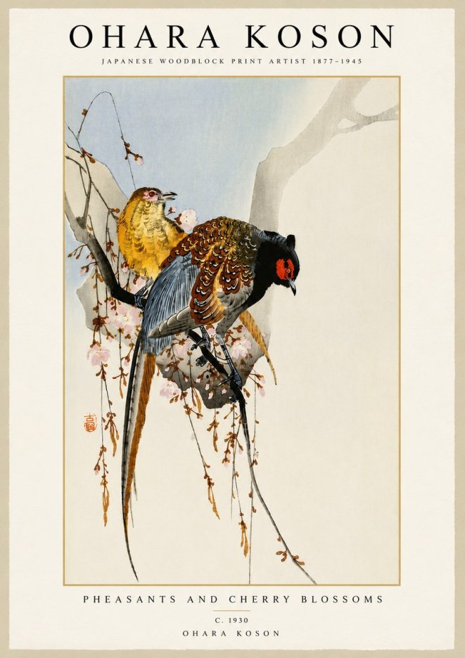 Ohara Koson Pheasants and Cherry Blossoms I No5 - Plakát