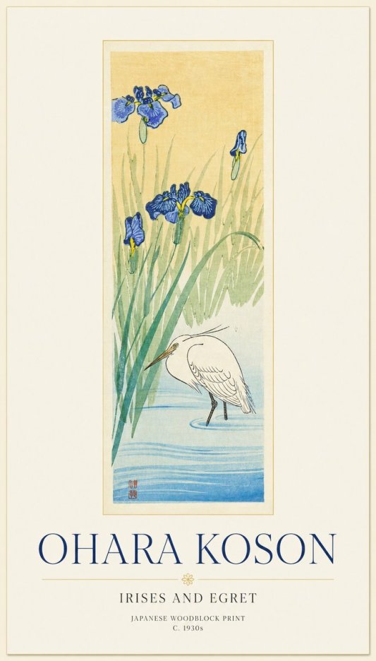 Ohara Koson Irises and Egret No1 - Plakát