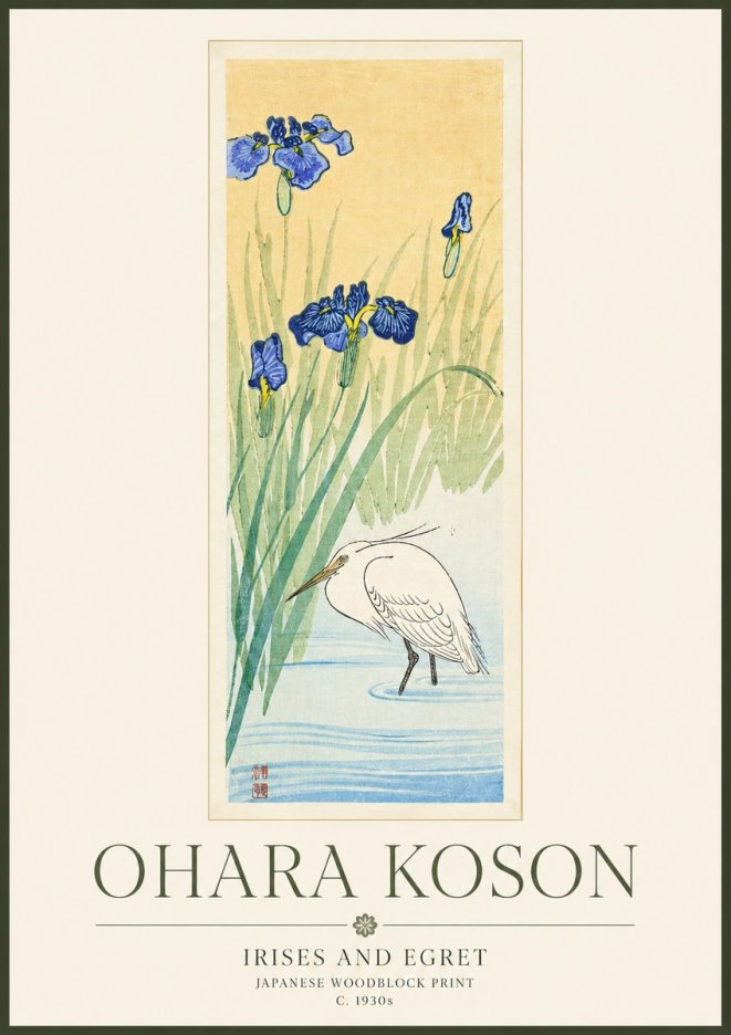 Ohara Koson Irises and Egret No3 - Plakát