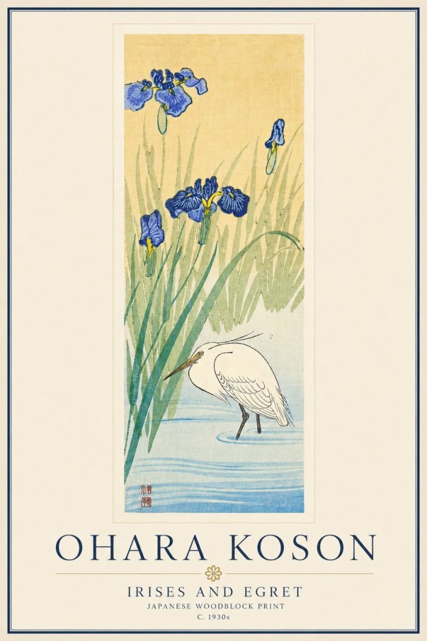 Ohara Koson Irises and Egret No6 - Plakát