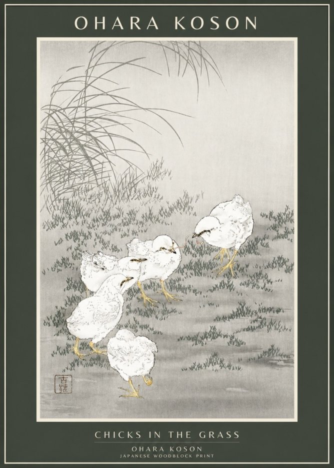 Ohara Koson Chicks in the Grass No1 - Plakát