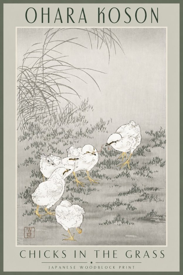 Ohara Koson Chicks in the Grass No3 - Plakát