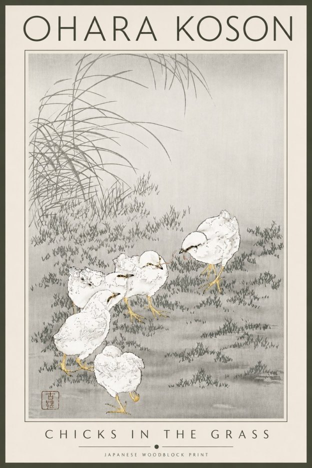 Ohara Koson Chicks in the Grass No4 - Plakát