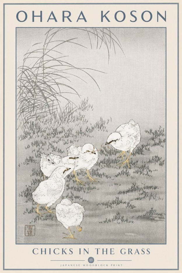 Ohara Koson Chicks in the Grass No5 - Plakát