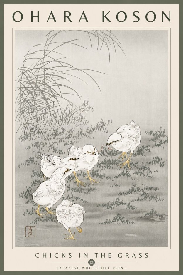 Ohara Koson Chicks in the Grass No6 - Plakát