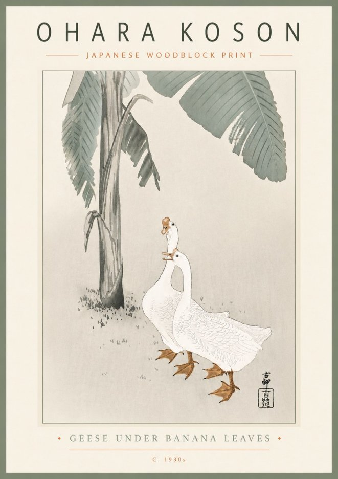 Ohara Koson Geese Under Banana Leaves No6 - Plakát