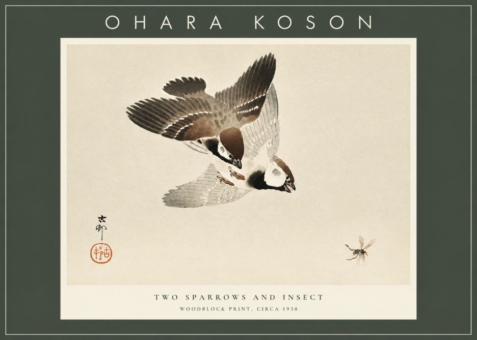 Ohara Koson Two Sparrows and Insect No2 - Plakát
