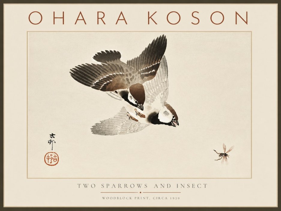 Ohara Koson Two Sparrows and Insect No6 - Plakát