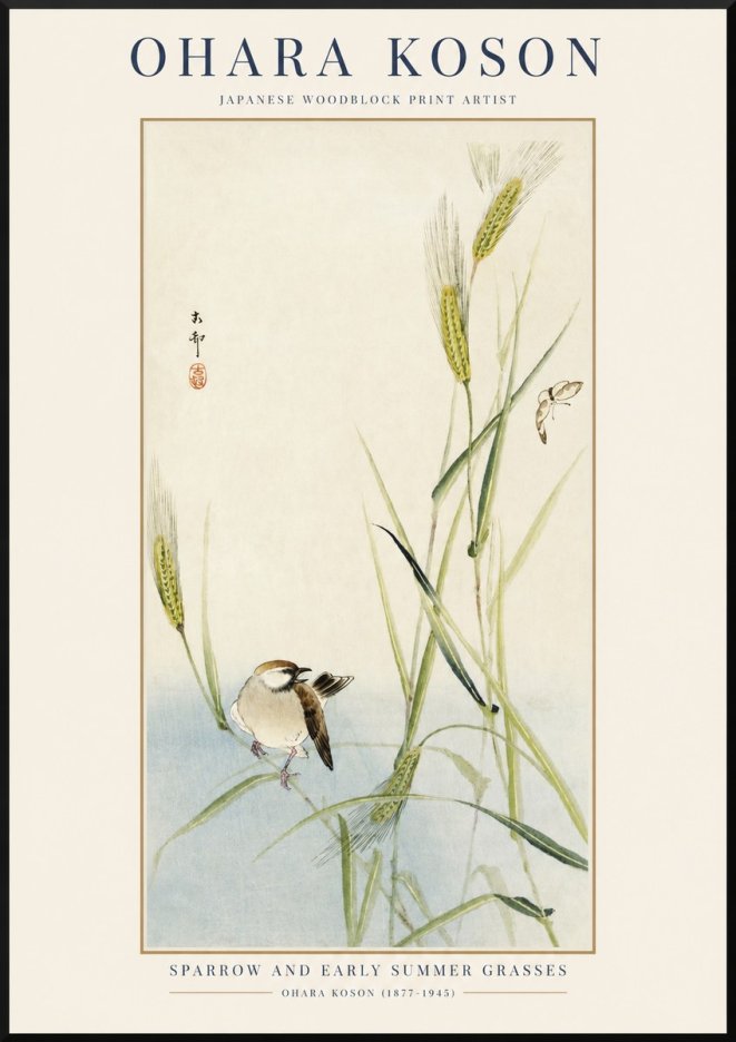 Ohara Koson Sparrow and Early Summer Grasses No1 - Plakát