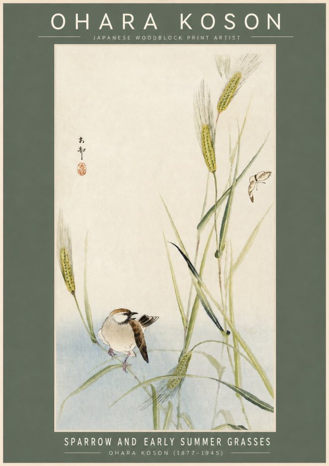 Ohara Koson Sparrow and Early Summer Grasses No2 - Plakát