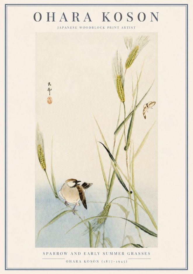 Ohara Koson Sparrow and Early Summer Grasses No3 - Plakát