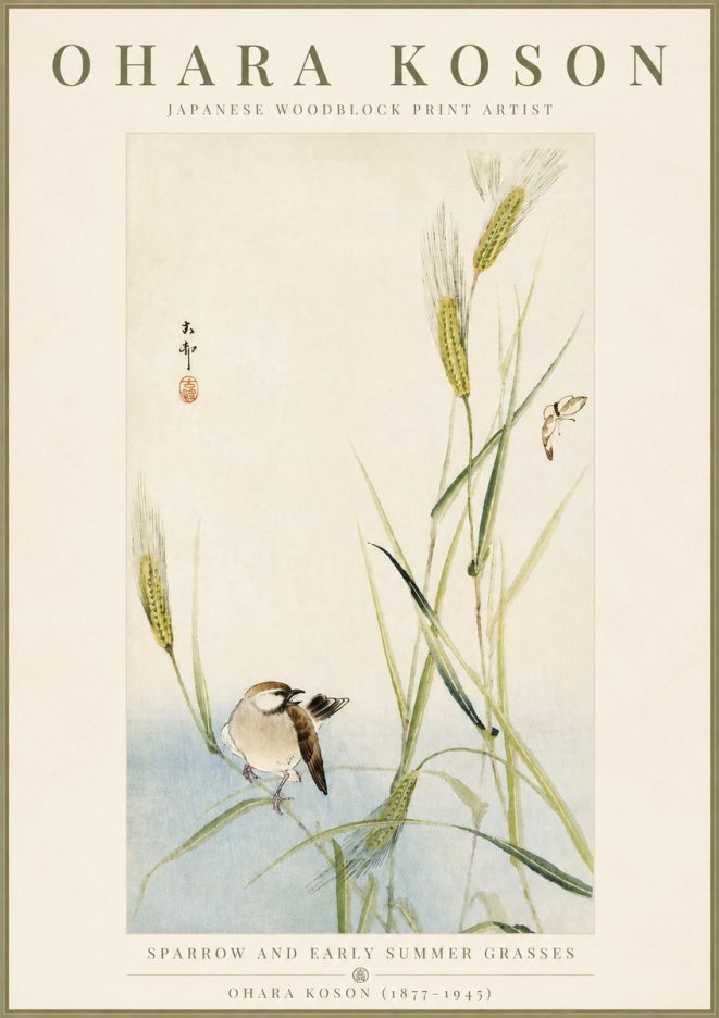 Ohara Koson Sparrow and Early Summer Grasses No5 - Plakát