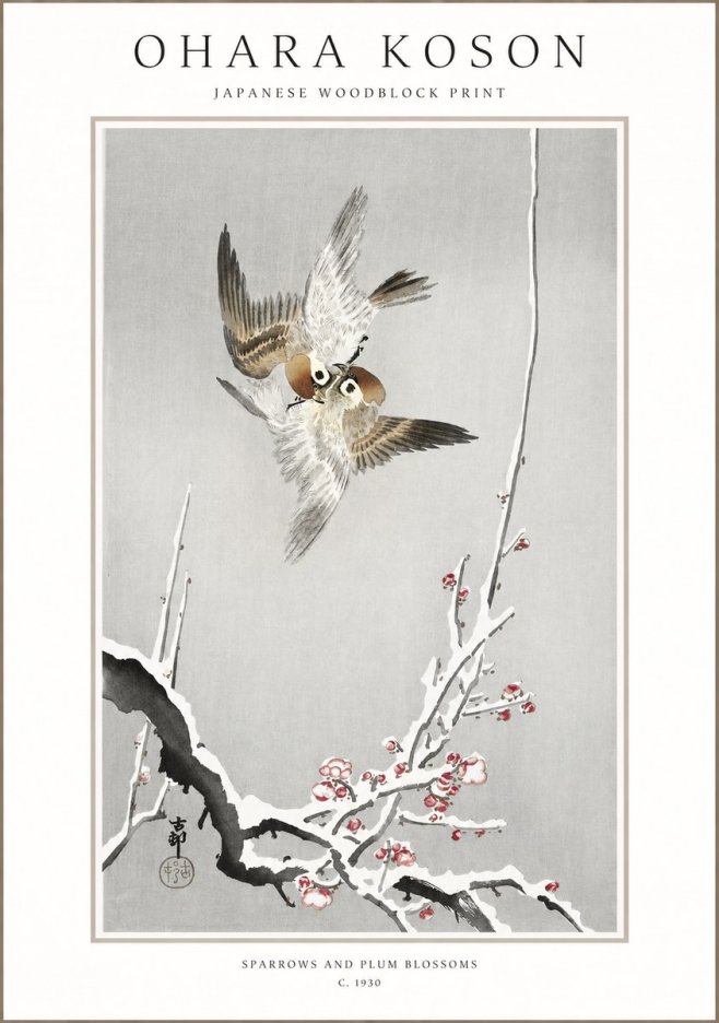 Ohara Koson Sparrows and Plum Blossoms No1 - Plakát