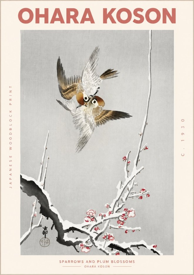 Ohara Koson Sparrows and Plum Blossoms No2 - Plakát