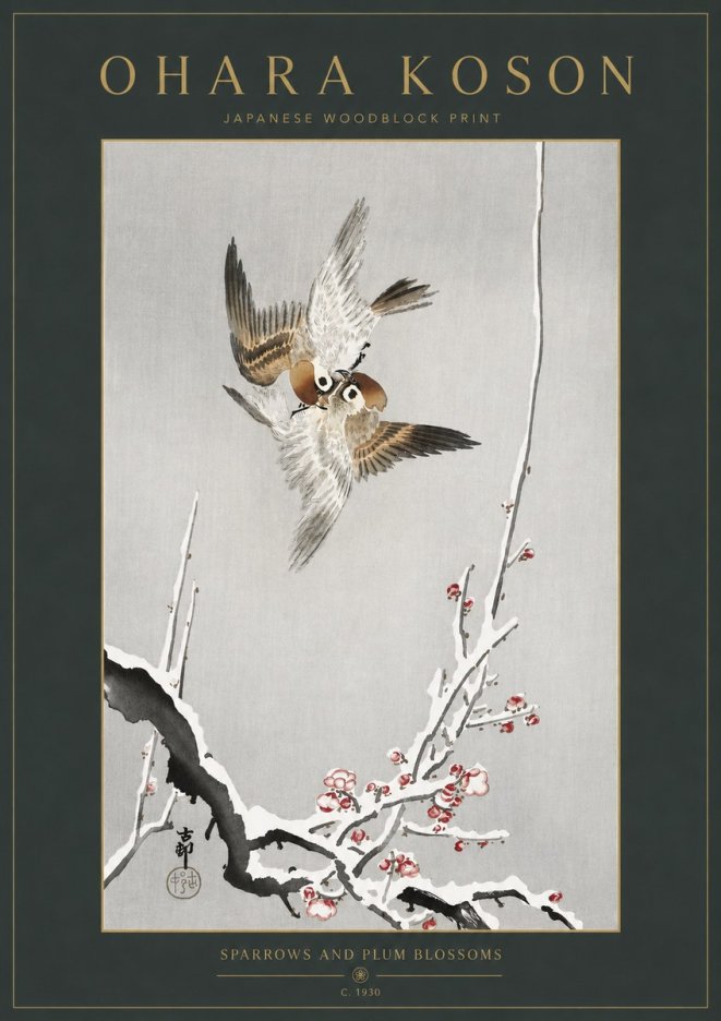 Ohara Koson Sparrows and Plum Blossoms No3 - Plakát