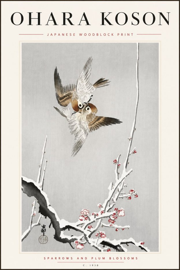 Ohara Koson Sparrows and Plum Blossoms No5 - Plakát