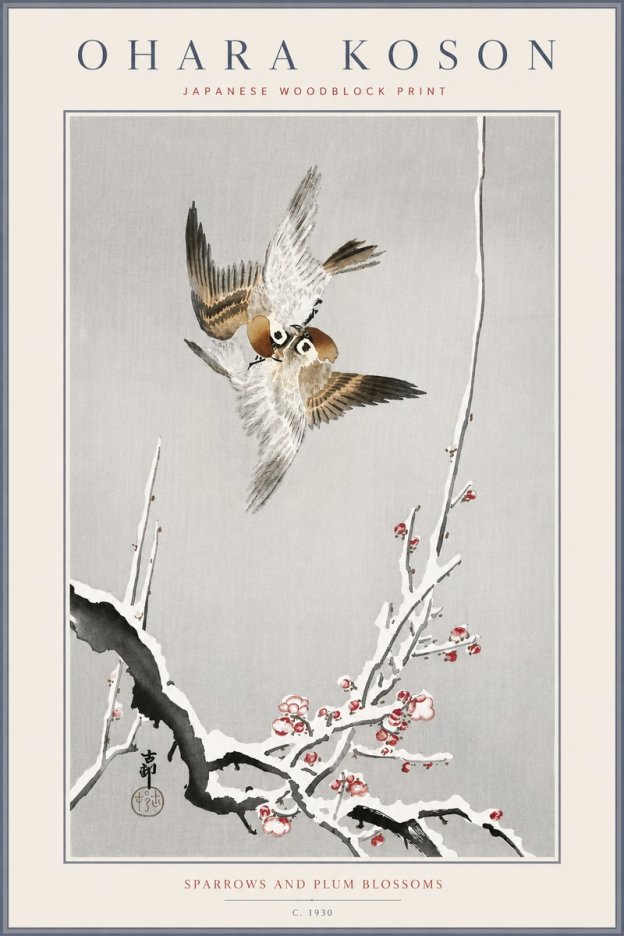 Ohara Koson Sparrows and Plum Blossoms No6 - Plakát