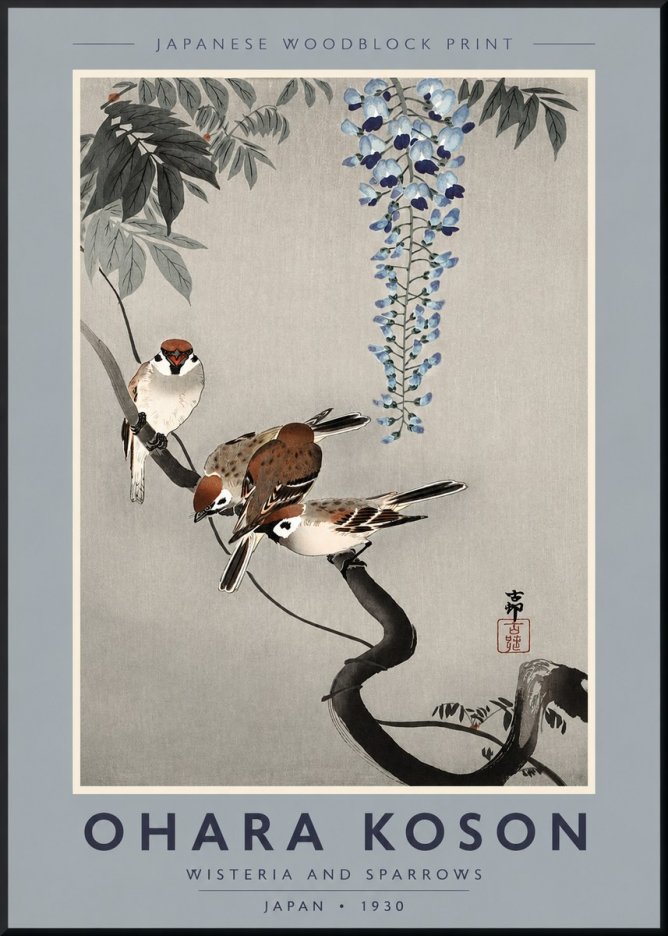 Ohara Koson Wisteria and Sparrows No2 - Plakát