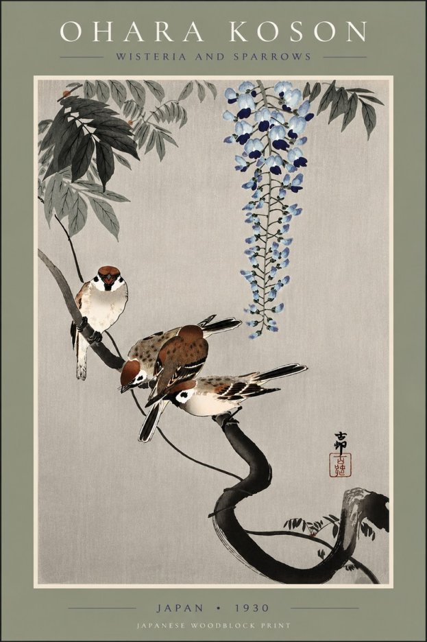 Ohara Koson Wisteria and Sparrows No5 - Plakát