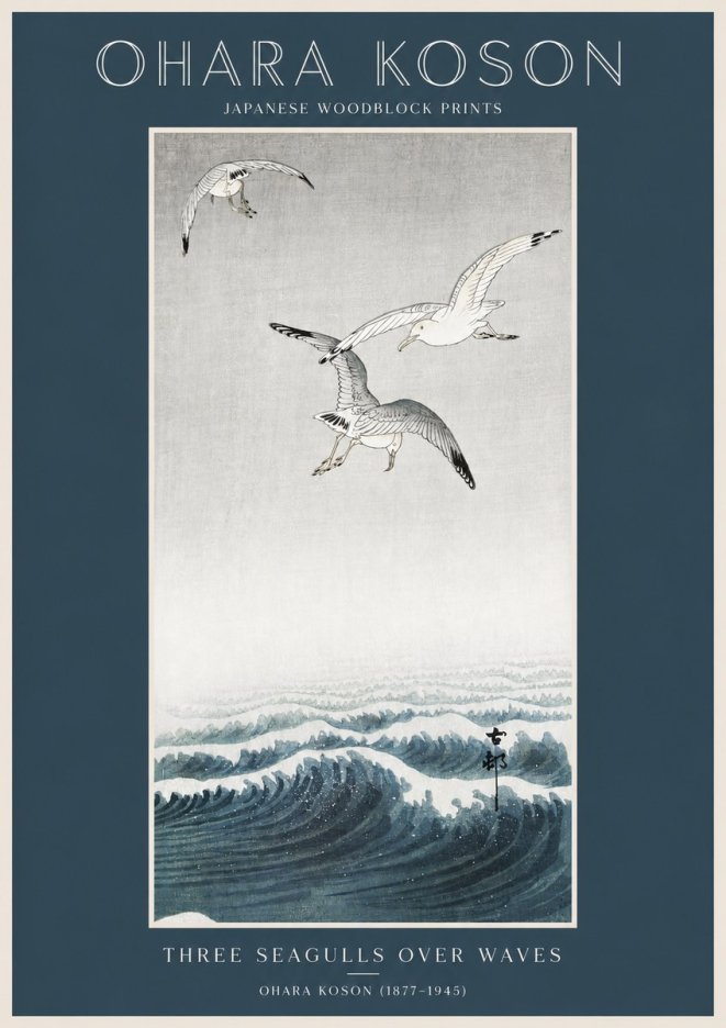 Ohara Koson Three Seagulls over Waves No2 - Plakát