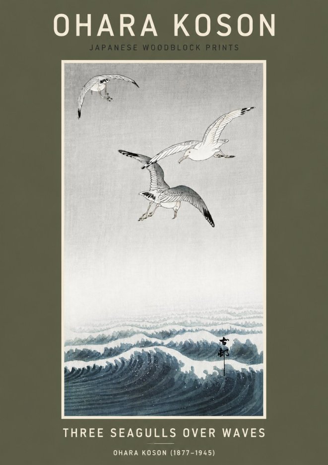 Ohara Koson Three Seagulls over Waves No3 - Plakát