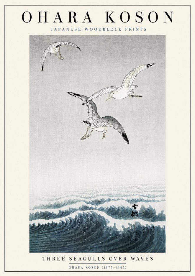 Ohara Koson Three Seagulls over Waves No6 - Plakát