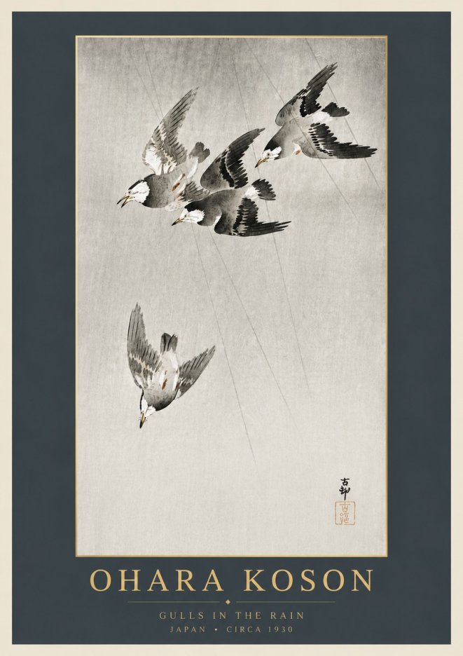 Ohara Koson Gulls in the Rain No6 - Plakát