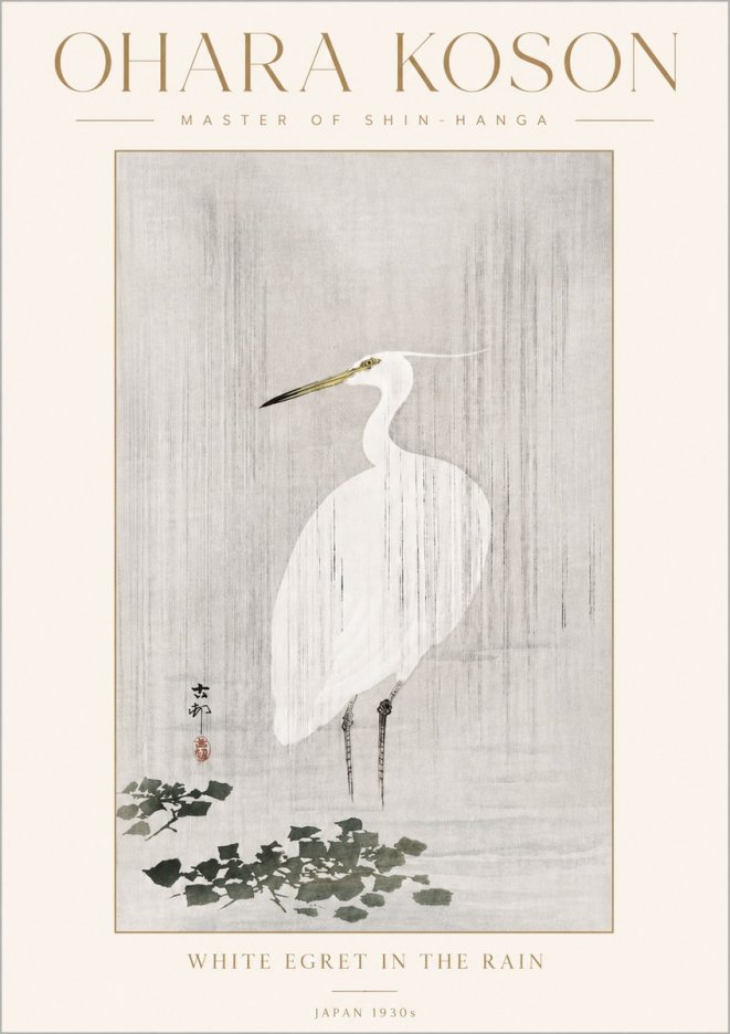 Ohara Koson White Egret in the Rain No4 - Plakát