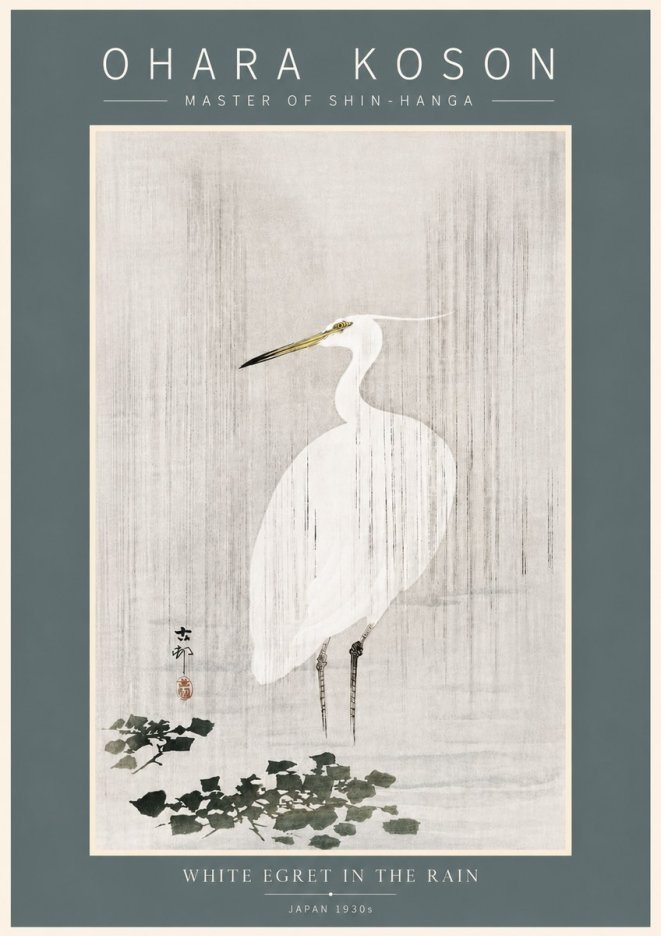 Ohara Koson White Egret in the Rain No5 - Plakát