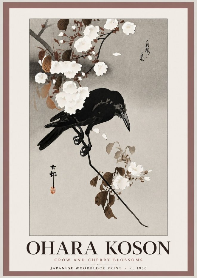 Ohara Koson Crow and Cherry Blossoms No3 - Plakát