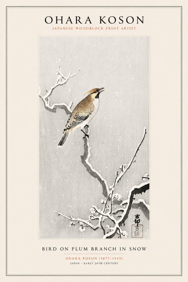 Ohara Koson Bird on Plum Branch in Snow No1 - Plakát