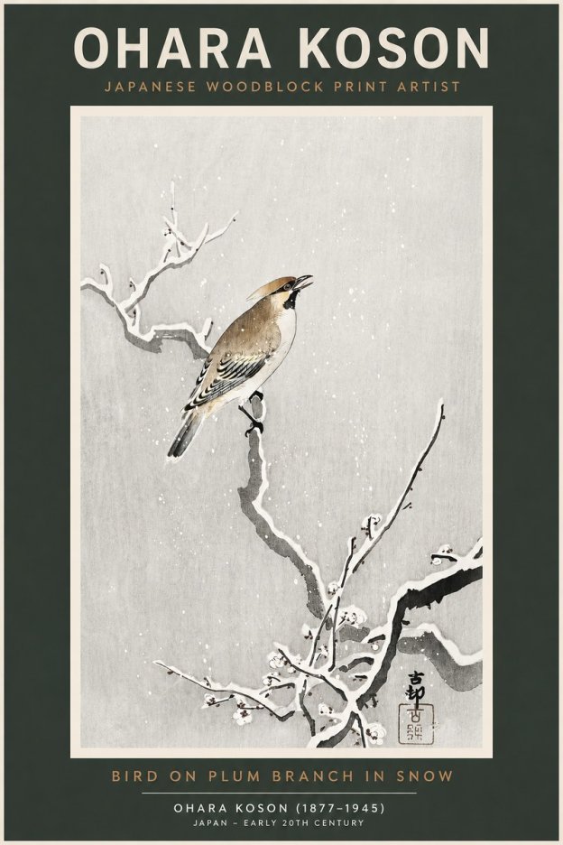 Ohara Koson Bird on Plum Branch in Snow No2 - Plakát