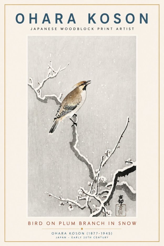 Ohara Koson Bird on Plum Branch in Snow No3 - Plakát
